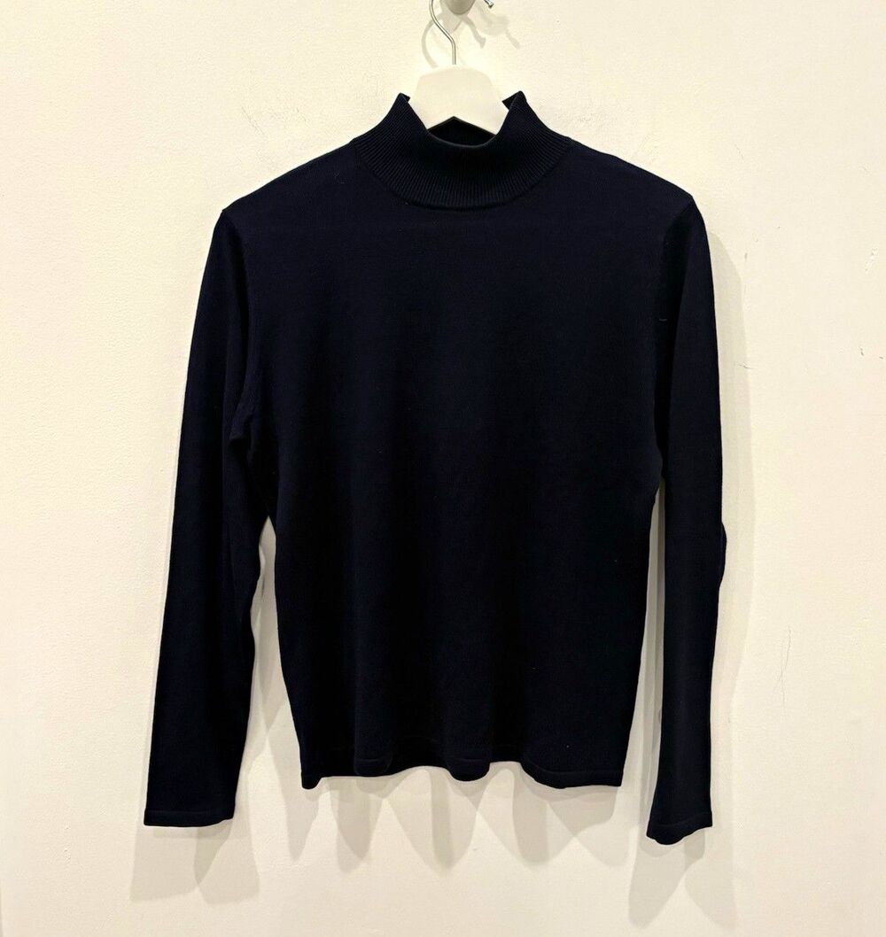 August Silk Navy Blue Silk Knit Mock Neck Pullover Sweater Sz M minimalist CAREE